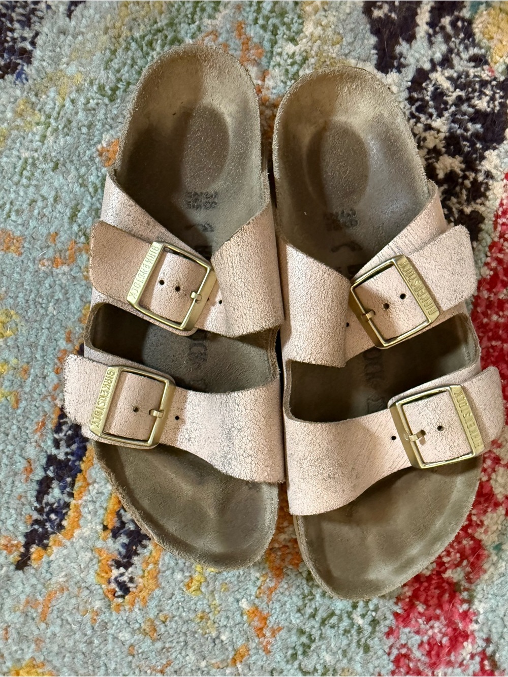 Birkenstock distressed light pink/rose
 Gold Double-Buckle Slide Sandals EUC 38